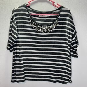 Abercrombie & Fitch Jeweled Neck Striped Top | Women’s M Gray White Soft Knit